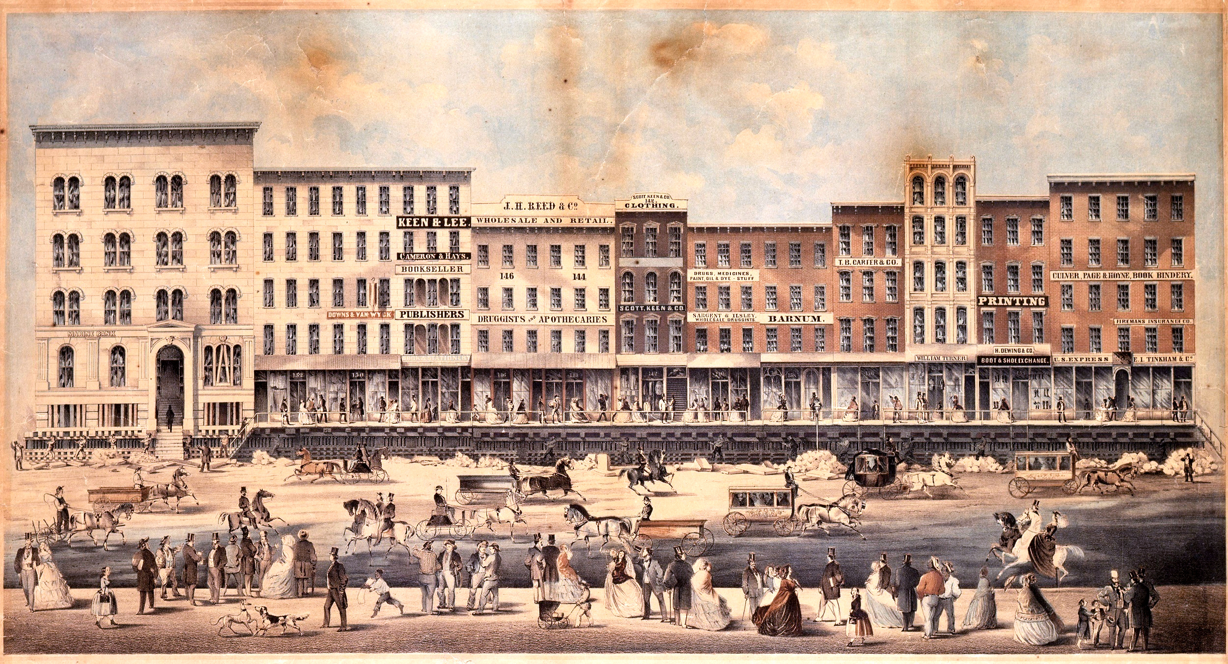 Illustration of a block of buildings being raised on Lake Street in Chicago